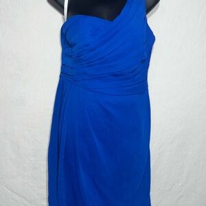 David's Bridal Women's 10 Royal Blue Short One Shoulder Crinkle Chiffon Dress